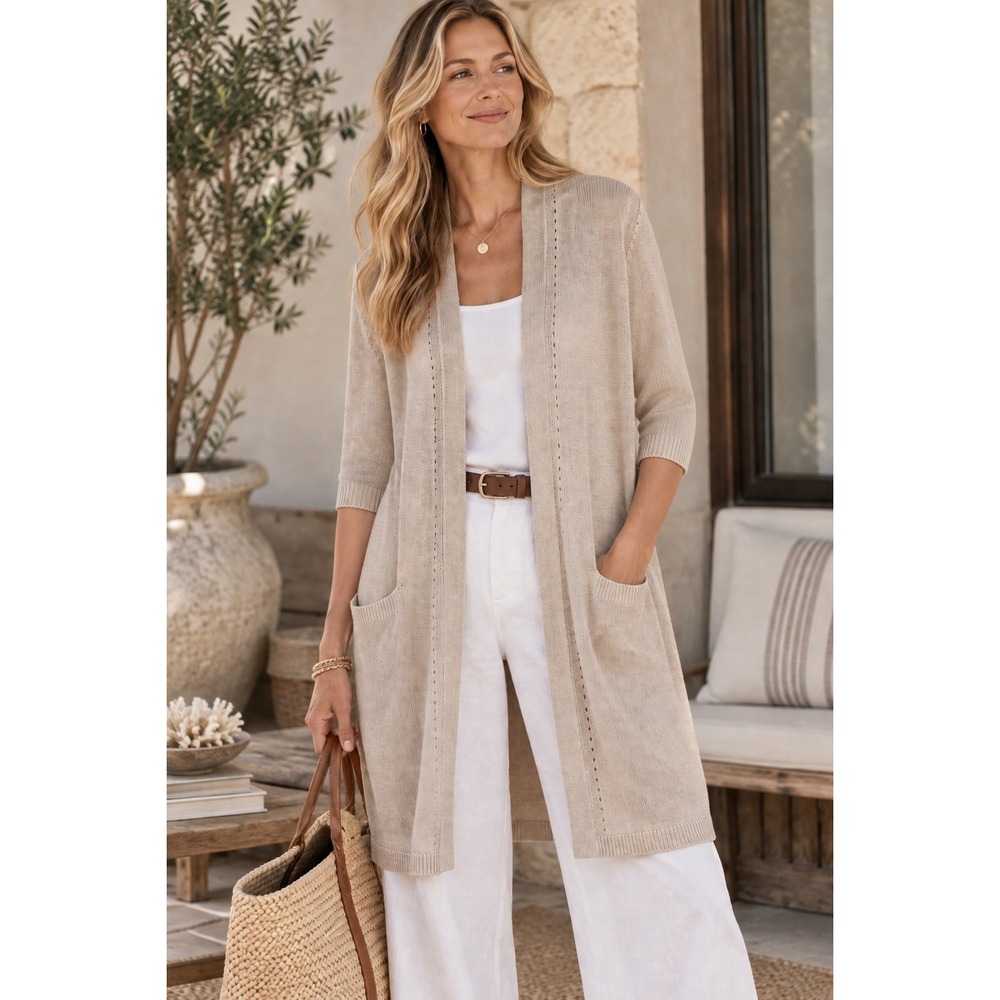 Talbots Petites Linen Cardigan Beige Open Front Quiet Luxury Neutral Relaxed XLP